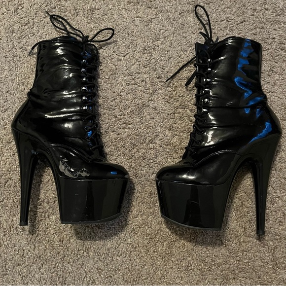 Stripper Dancer Pleaser Heels Platform Black Combat Boot Stiletto - Picture 1 of 7